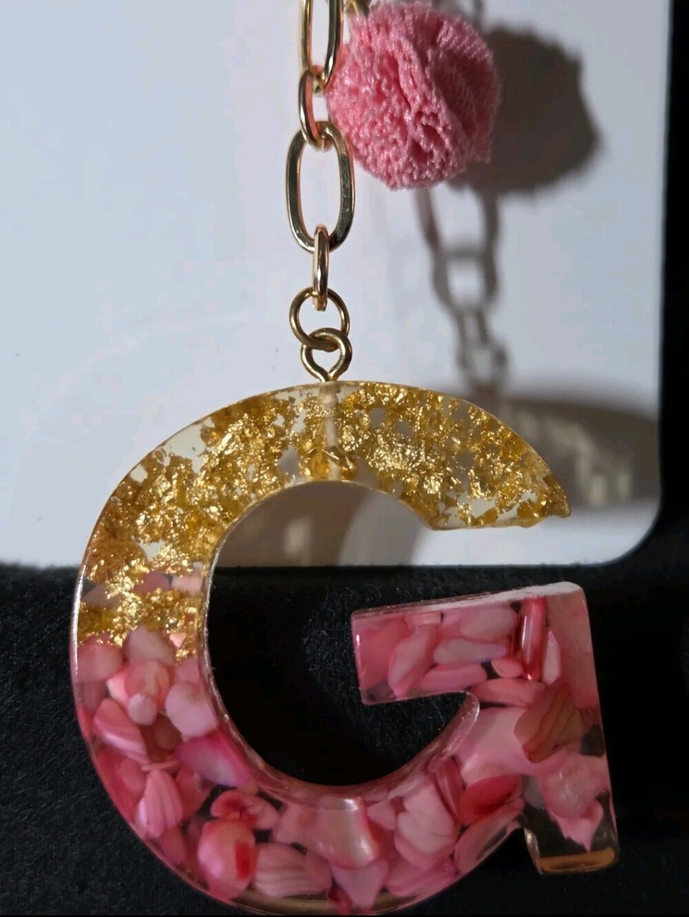 Pink and Gold Resin 'G' Initial Keychain